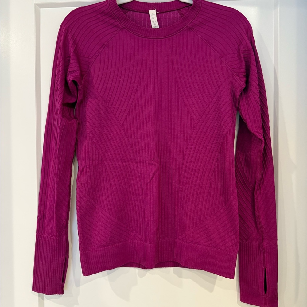 Lululemon Rest Less pullover size 8 in Magenta Ribbed Long Sleeve.
